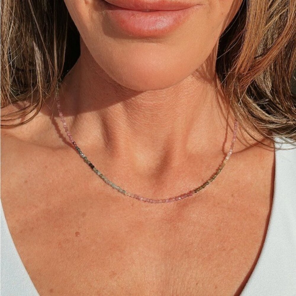 Watermelon Tourmaline Dainty Beaded Necklace Colorful Stacking Necklace PRETTY - Picture 5 of 12